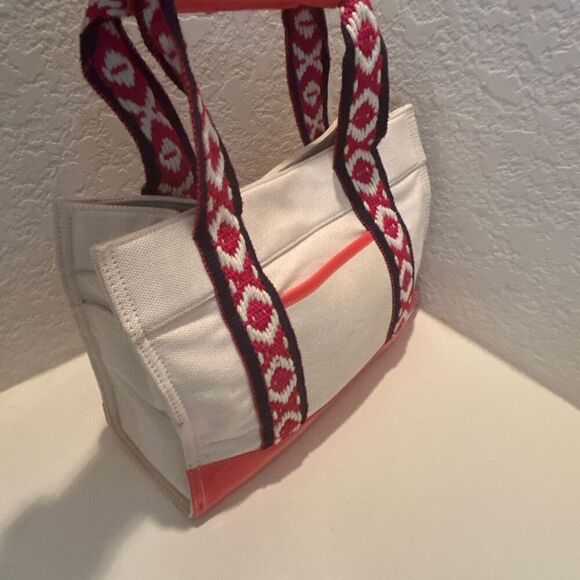 Tory Burch Canvas Tote Bag Neutral Blue Red Boho Strap Coastal Beach Vacation - Picture 4 of 12